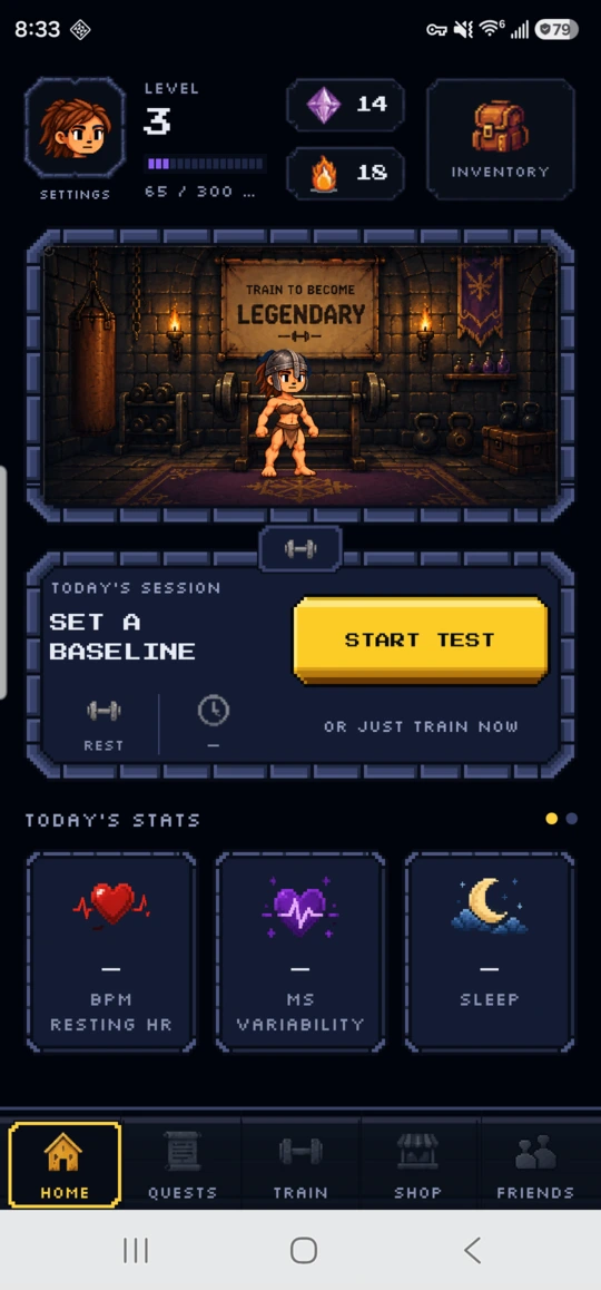 The Questlift home screen: character, level, today's session