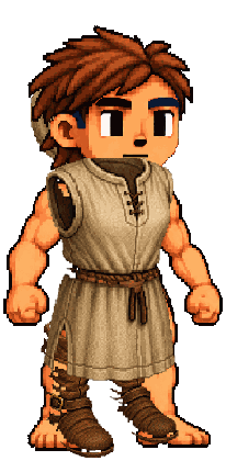 The character in linen tunic, coif and traveller's boots