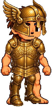 The character in full gilded dawnplate armour